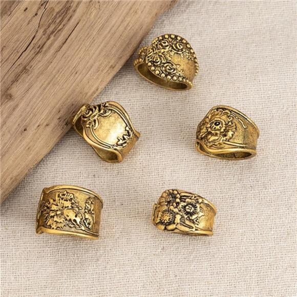 ✨ Bold Boho Spoon Ring Set | Chunky Gold Adjustable Rings | Vintage Floral - Picture 3 of 5